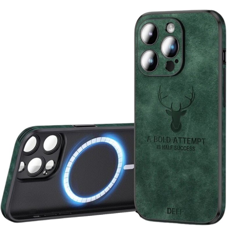 Deer leather iPhone case in dark green with camera cutouts and deer emblem.