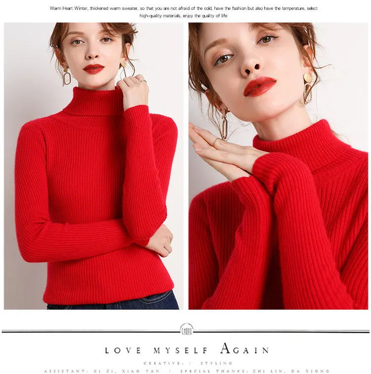 Red high-neck ribbed turtleneck sweater with fitted long sleeves