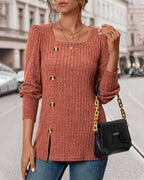 Knitted women’s top with buttons, square neckline, 3/4 sleeves, front slit detail, rust orange