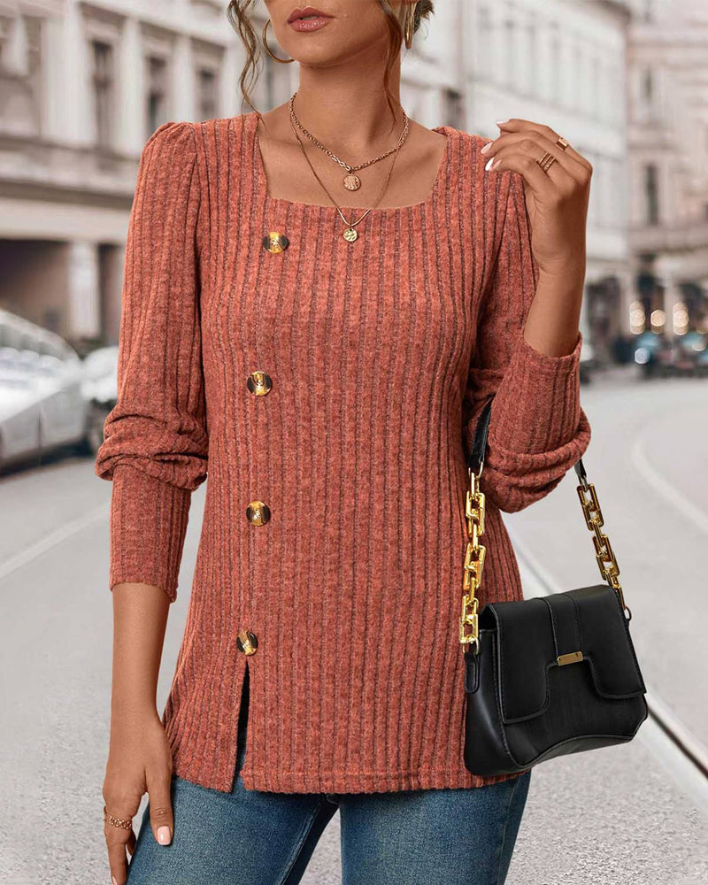 Knitted women’s top with buttons, square neckline, 3/4 sleeves, front slit detail, rust orange