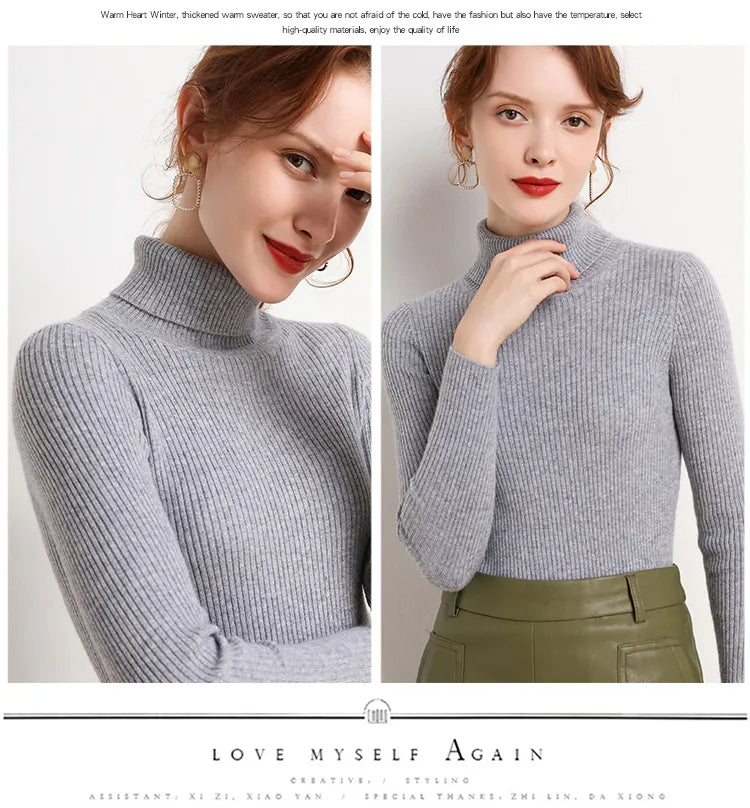 Light gray ribbed turtleneck sweater with high collar and long sleeves