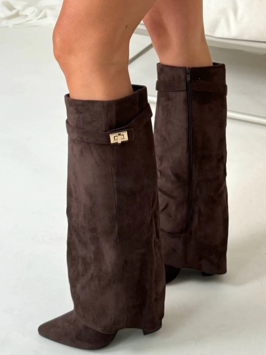 Pair of brown suede knee-high boots with wide top band, gold buckle, block heel
