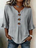Gray striped V-neck button-front blouse, 3/4 sleeves with ruffled cuffs