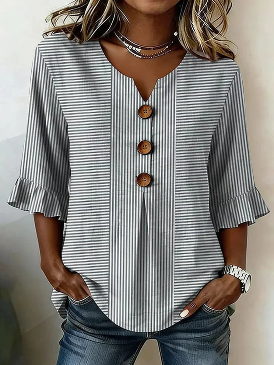 Gray striped V-neck button-front blouse, 3/4 sleeves with ruffled cuffs