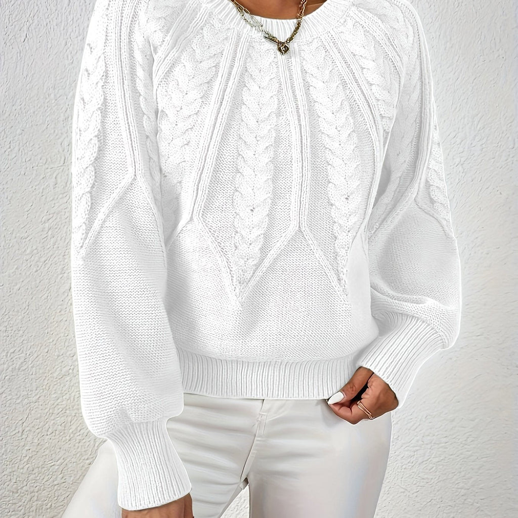 Women’s cable knit sweater with lantern sleeves, white, raised cable knit yoke.