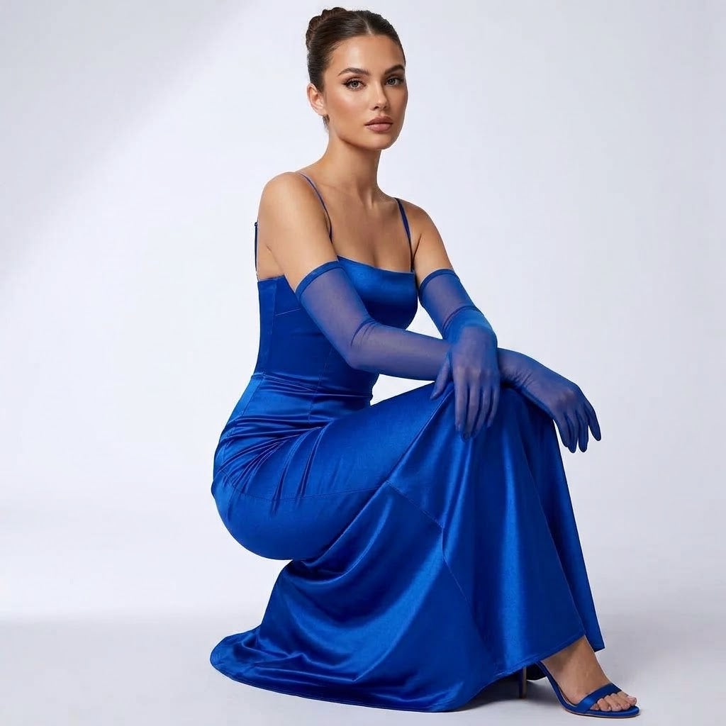 Sheer mesh elbow-length gloves, royal blue