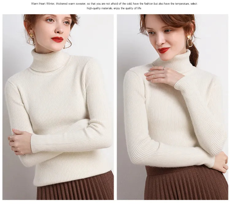 Off-white ribbed turtleneck sweater with high collar and long sleeves