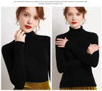 Black high-neck ribbed turtleneck sweater with long sleeves