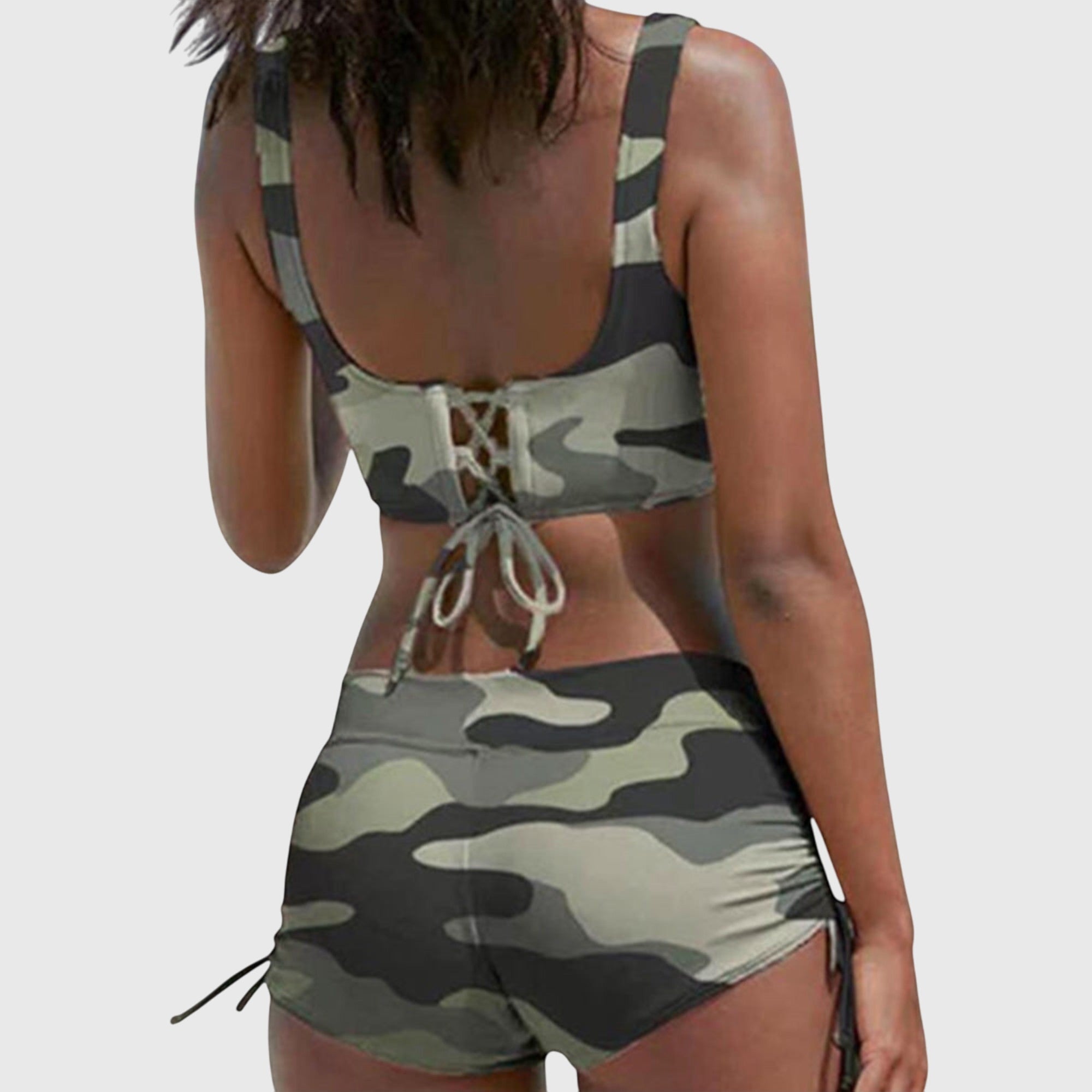 Camouflage bikini set with lace-up cross-front bralette and drawstring swim shorts
