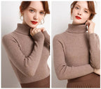Taupe ribbed turtleneck sweater with high collar and long sleeves