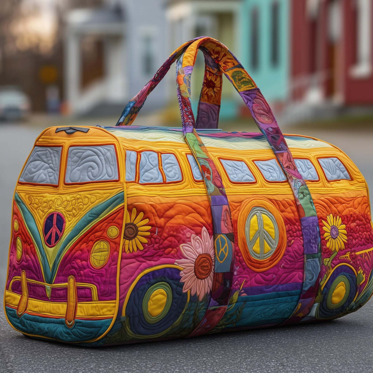 Quilted rounded travel bag with bus-style artwork, flowers, and peace symbol details