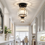 Black crystal flush mount ceiling lamp with clear crystal shade and round mounting plate