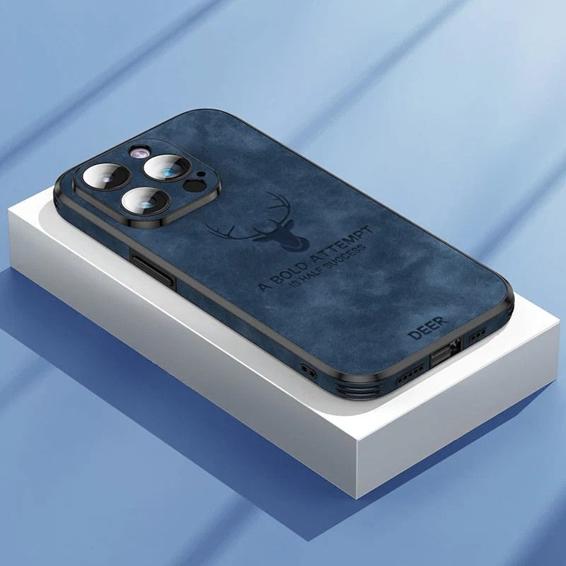 Deer leather iPhone case in blue with camera cutouts and raised protective corners.