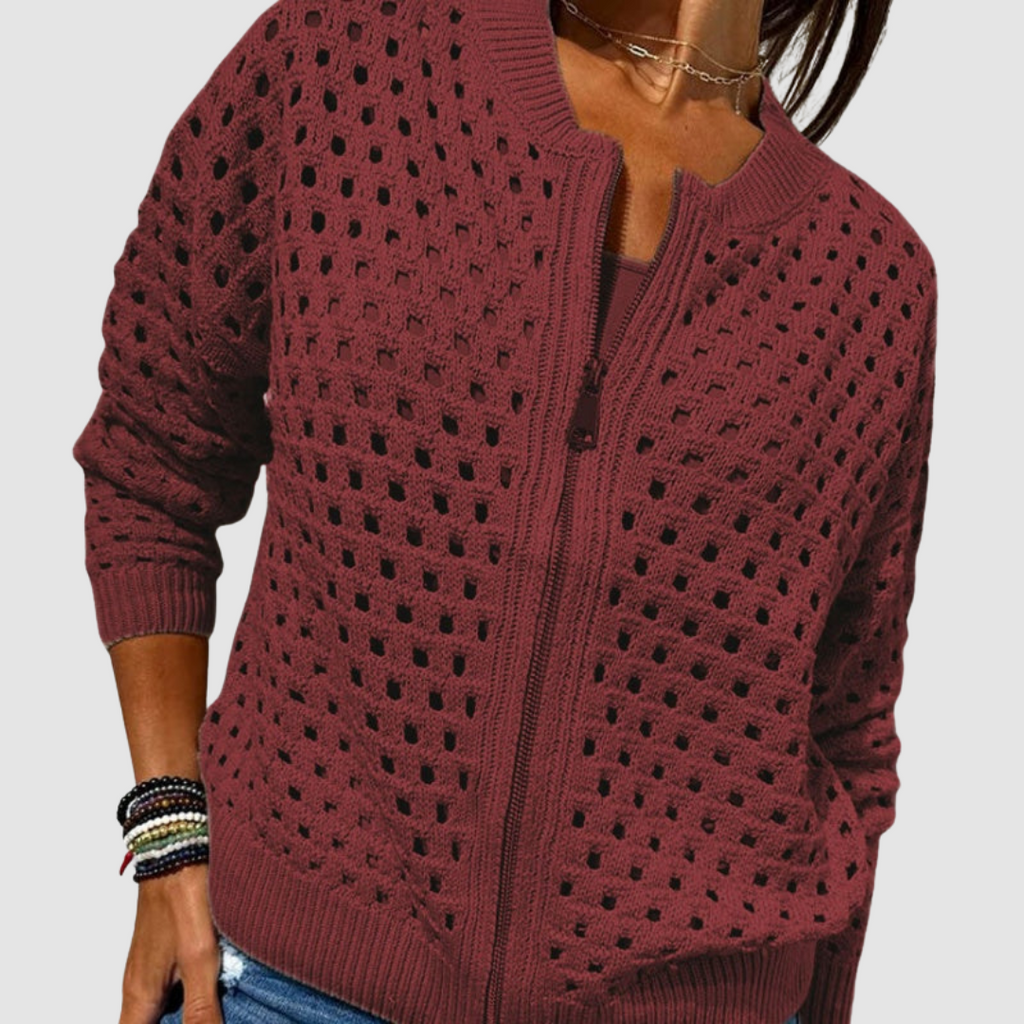Lightweight open-knit full-zip cardigan in burgundy with zip front and ribbed trim