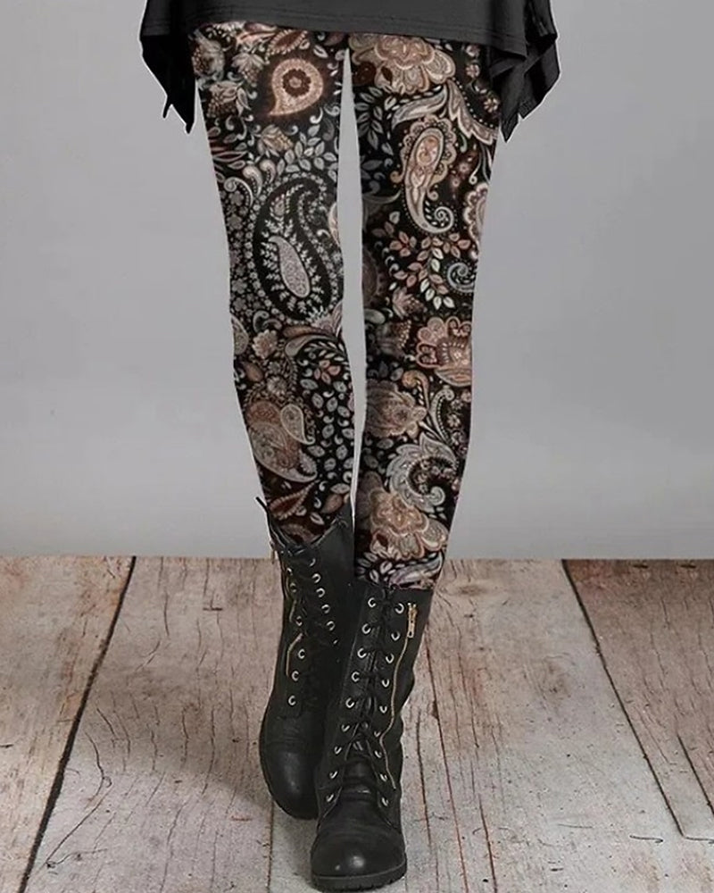 Women's boho leggings with black and beige paisley floral print