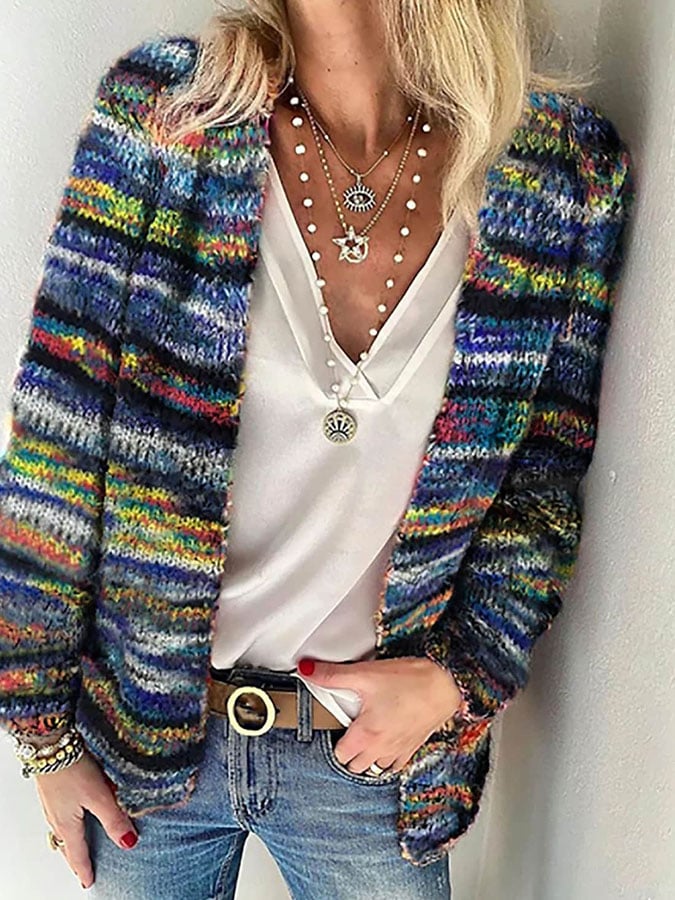 Multicolor striped knit cardigan, long sleeves, open front, textured chunky yarn
