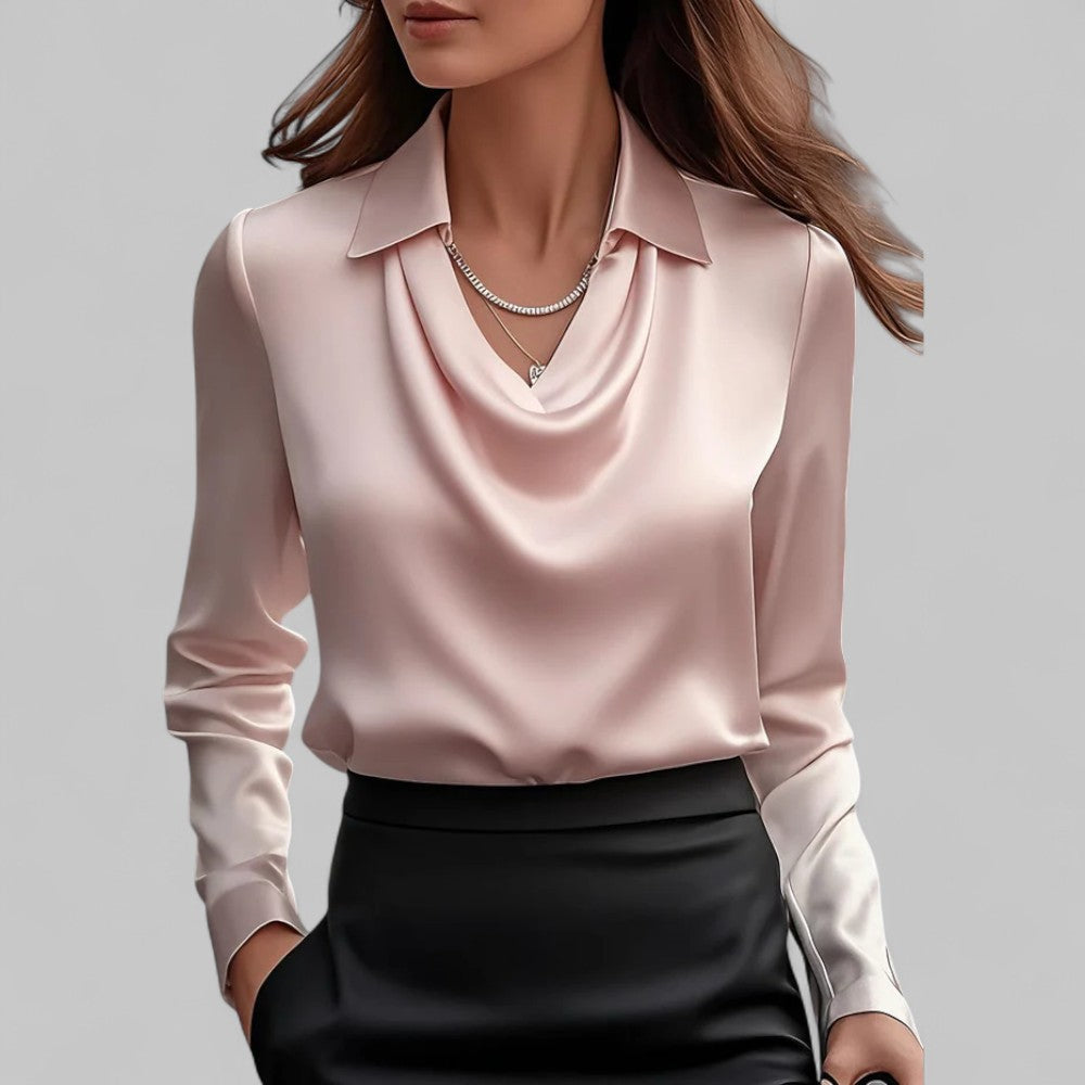 Silk blouse with draped V-neck and tailored fit, satin sheen, long sleeves, pink