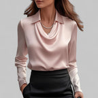 Silk blouse with draped V-neck and tailored fit, satin sheen, long sleeves, pink
