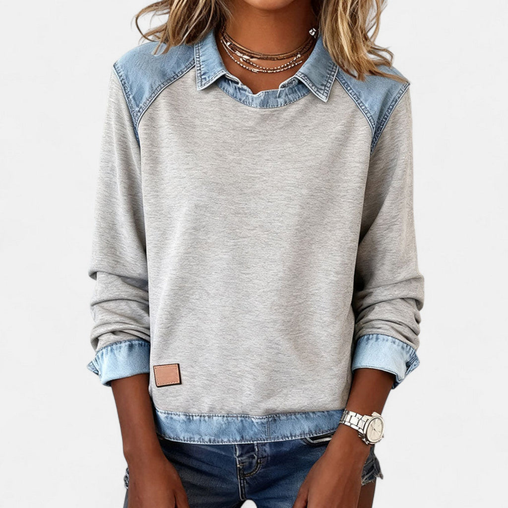 Women's heather gray sweater with denim-look layered collar and ribbed cuffs