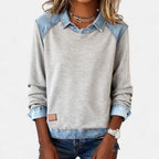 Women's heather gray sweater with denim-look layered collar and ribbed cuffs