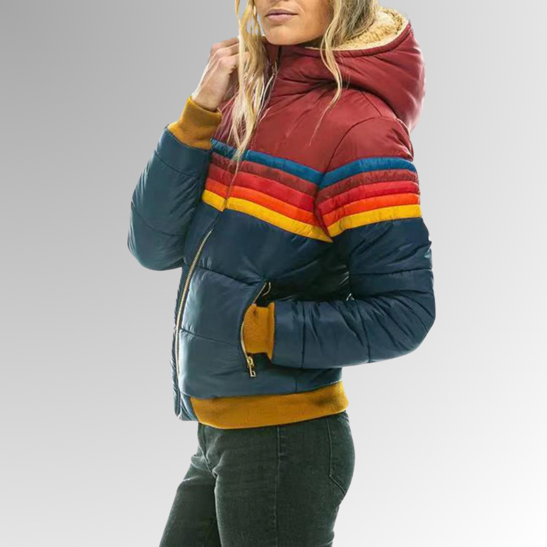 Waterproof rain coat with hood and zip front, striped bands, teal-blue and red padded exterior