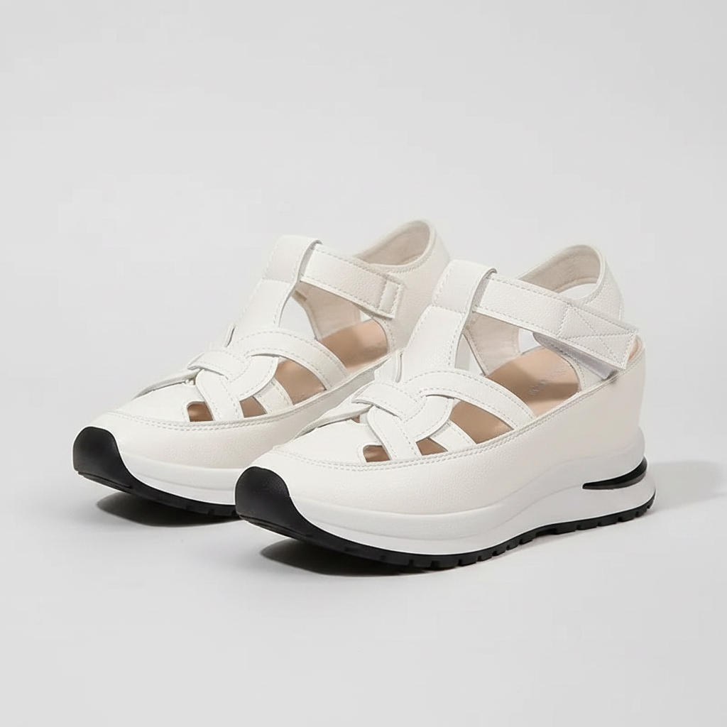 White platform sandals with cross straps and cushioned sole, front view