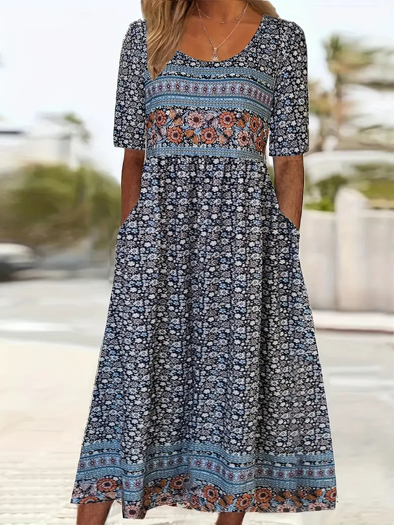 Boho print midi dress with short sleeves and fitted bodice featuring panel patterns
