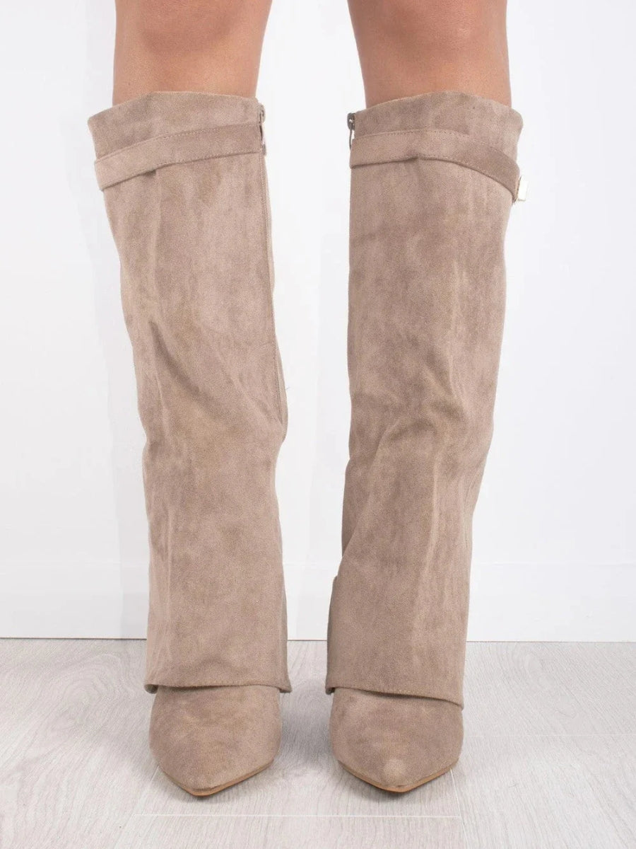 Beige suede knee-high boots with wide flare top and block heel