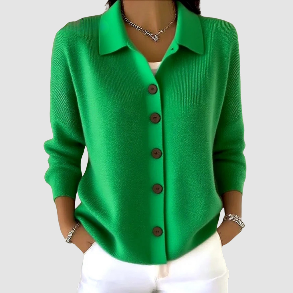 Women’s button-up V-neck knit cardigan with lapel collar, long sleeves, bright green