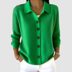 Women’s button-up V-neck knit cardigan with lapel collar, long sleeves, bright green
