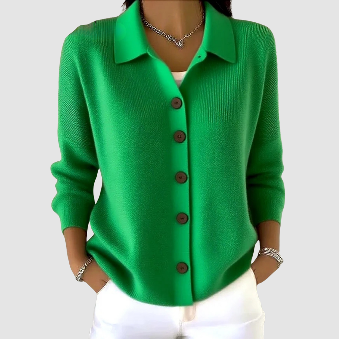 Women’s button-up V-neck knit cardigan with lapel collar, long sleeves, bright green