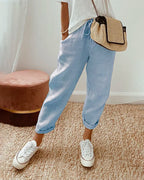 Women’s anti-sweat pants in light blue, cuffed ankle, drawstring waistband