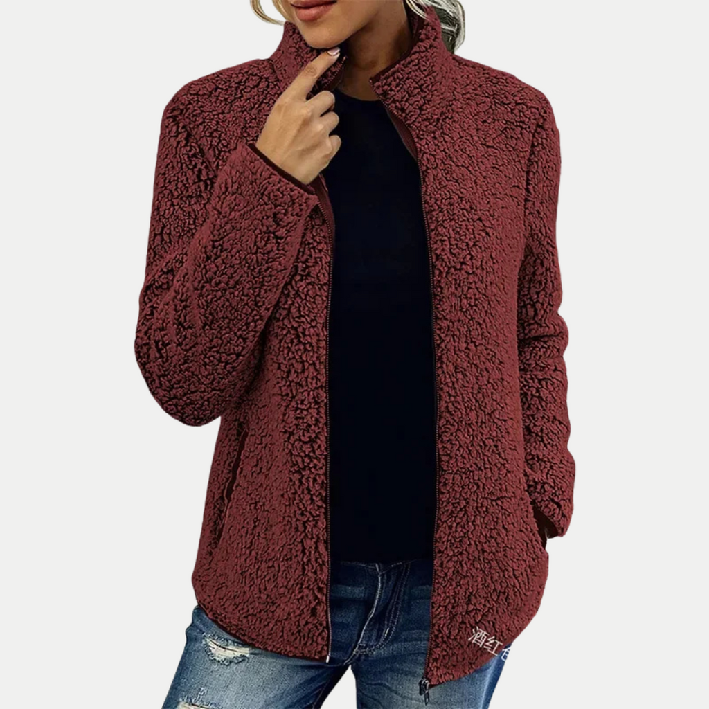 Burgundy textured fleece full-zip jacket with stand collar and side hand pockets