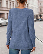 Blue ribbed knit women's top, long sleeves, square back design with vertical seams