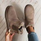 Taupe suede low-cut slip-on boots with side elastic and faux-fur trim