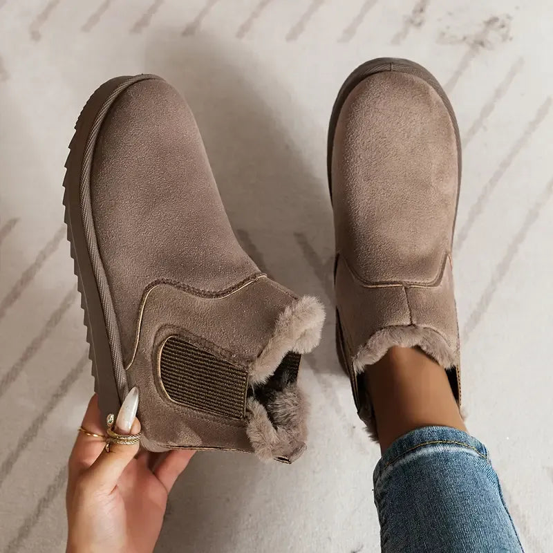Taupe suede low-cut slip-on boots with side elastic and faux-fur trim