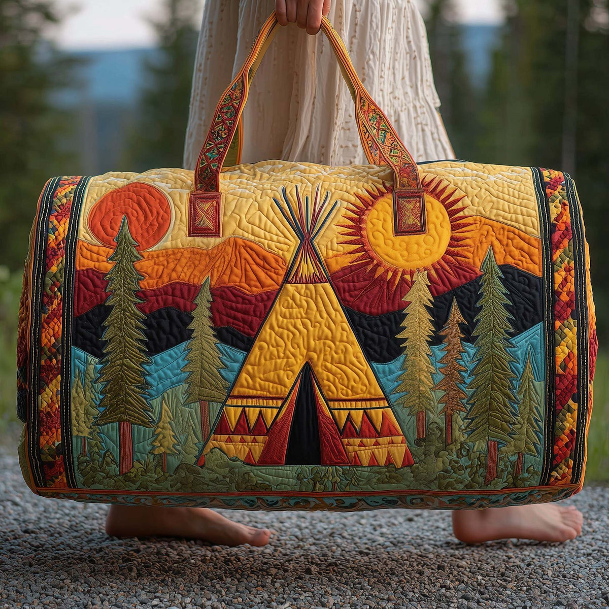Quilted padded travel bag with teepee and trees artwork in warm multicolor