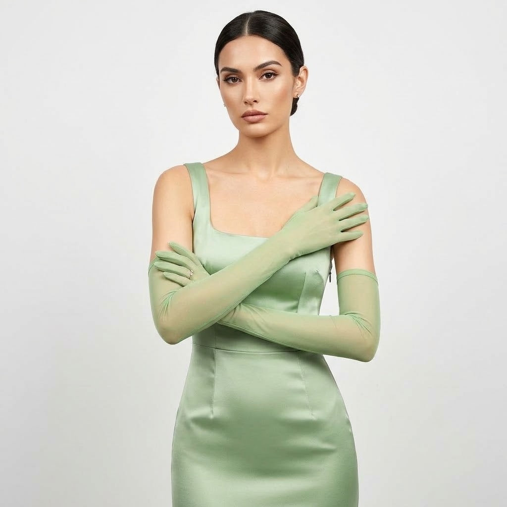 Sheer mesh elbow-length gloves, mint green