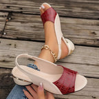 Red open-toe wedge sandals with cream upper and ankle strap detail