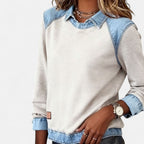 Women's light gray sweater with denim-look layered collar and curved hem