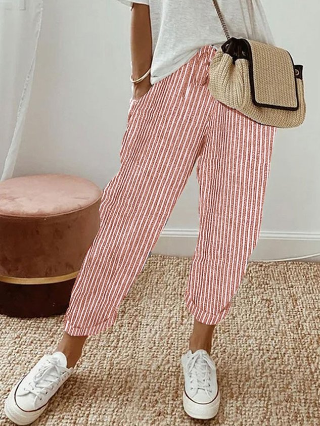 Women’s anti-sweat pants in red pinstripe, cuffed ankle, drawstring waistband