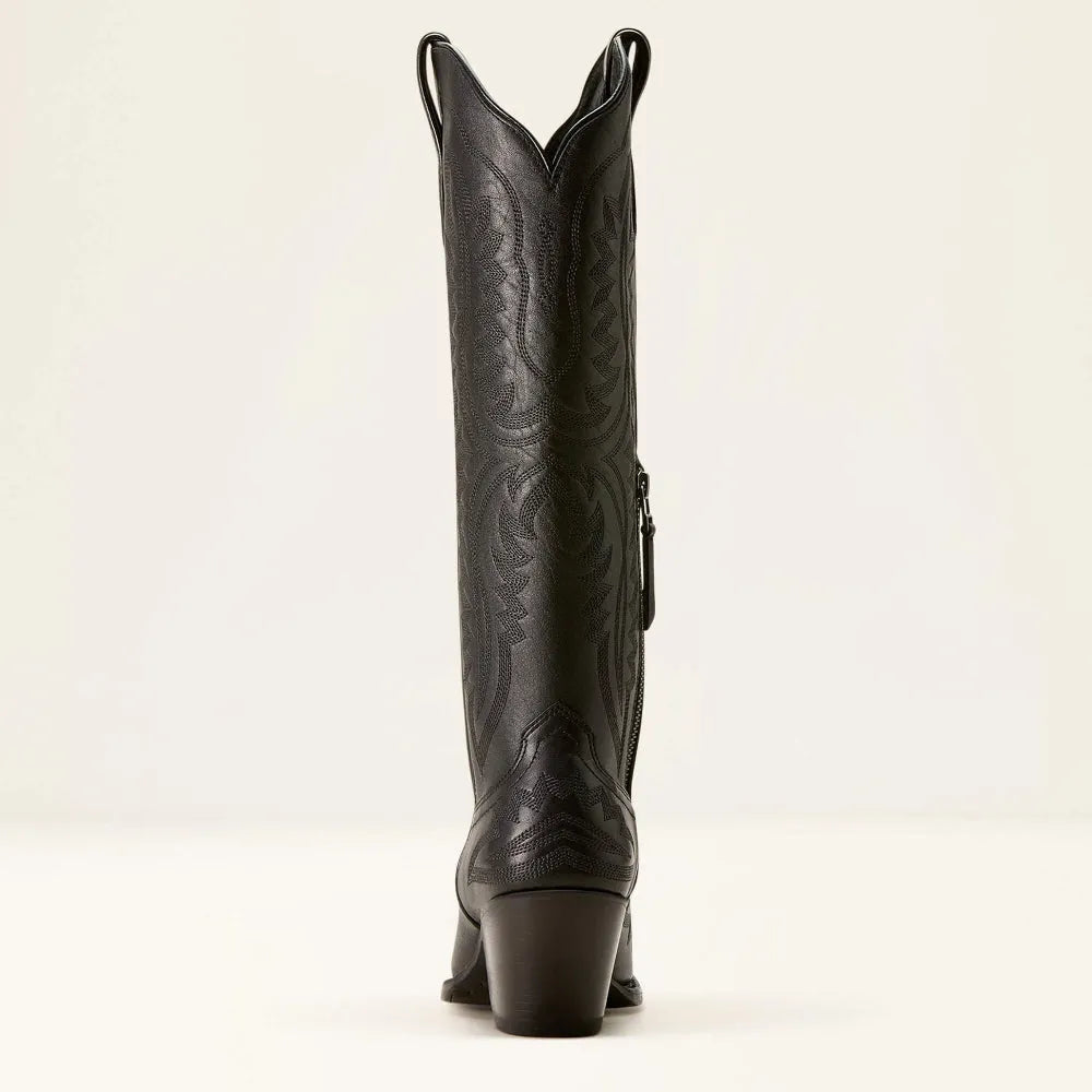 Black tall western cowboy boot with side zipper and decorative stitched embroidery