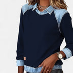 Chāme women's sweater with denim collar, cuffs and hem