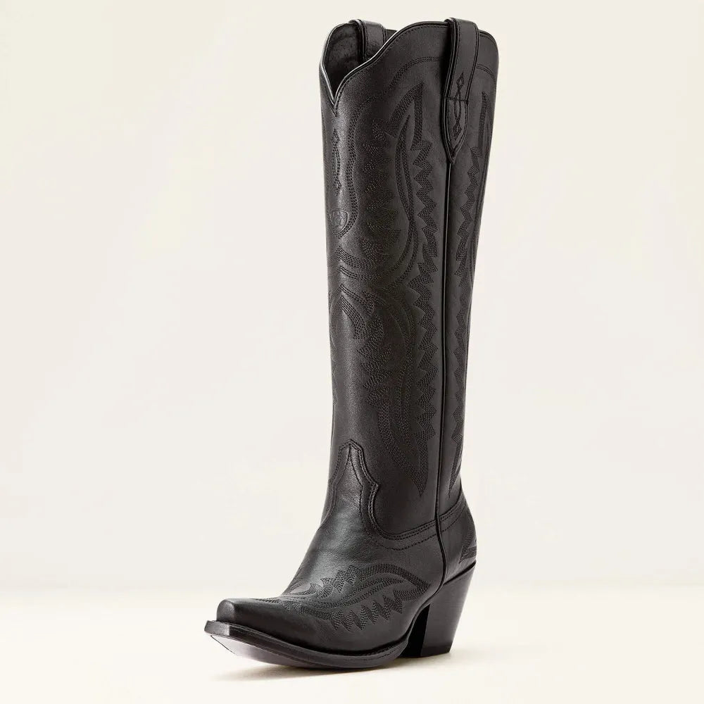 Black western cowboy boot with embossed embroidery and chunky stacked heel