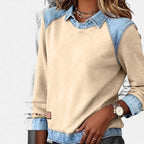 Women's beige sweater with denim-look layered collar and long sleeves