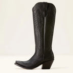 Black western cowboy boot with embossed embroidery, side pull tab, and stacked heel