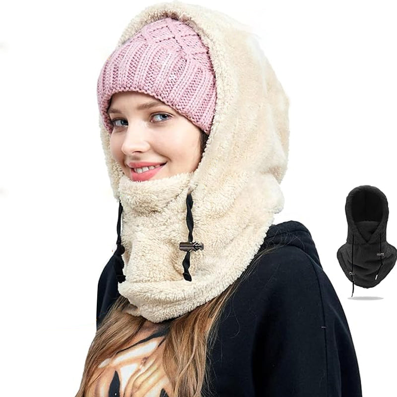 Pink knit beanie with beige fleece balaclava face cover, drawcord ties