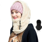 Pink knit beanie with beige fleece balaclava face cover, drawcord ties