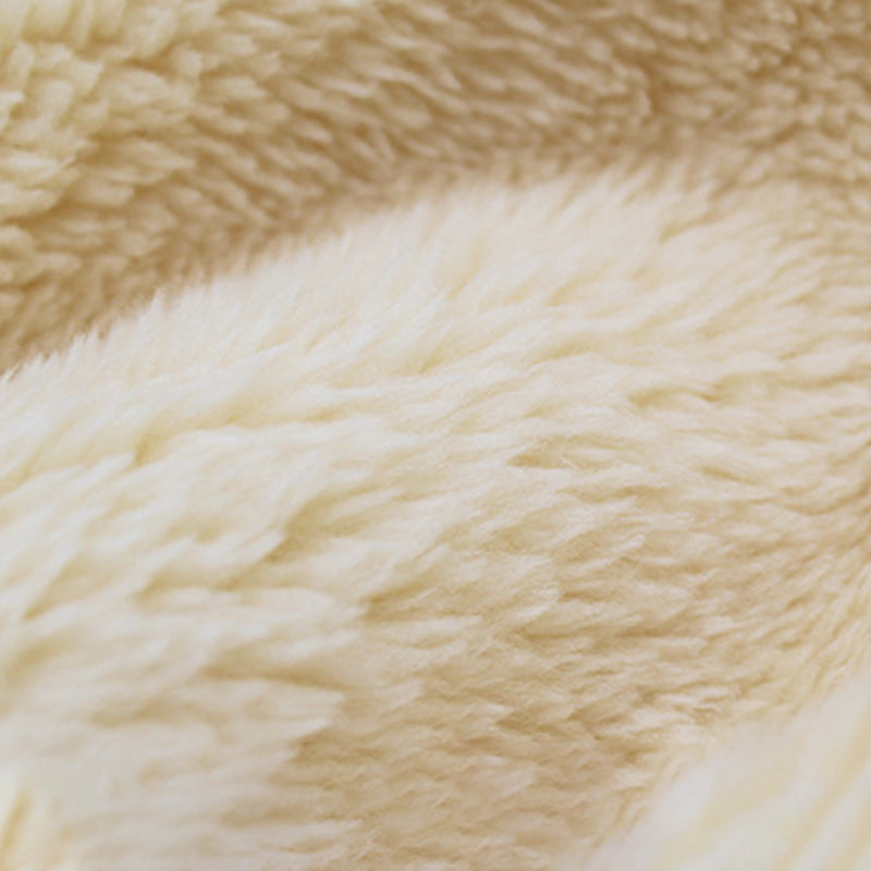 Fleece-lined winter face cover hood, light beige with soft textured pile.