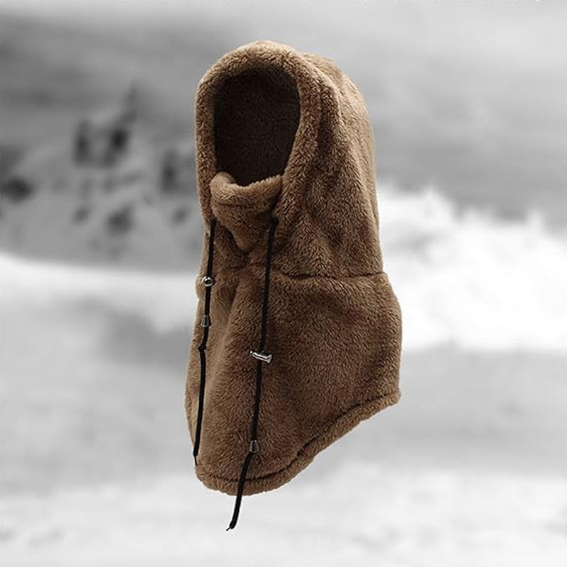 3-in-1 fleece winter hat with neck warmer and face cover, brown hood style.